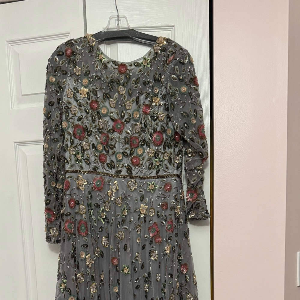 Mac Duggal Gray Beaded Floral Long Sleeve Gown - like new only worn once